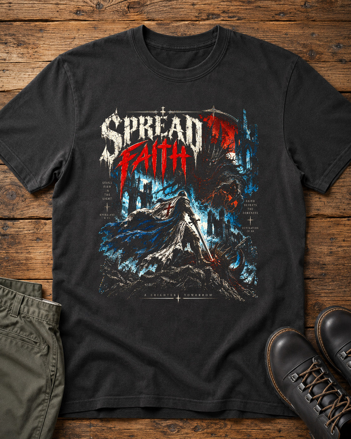 Spread Faith Christian T-Shirt – Armor of God Dark Fantasy Faith Tee