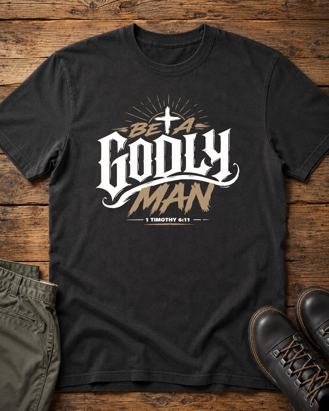 Be a Godly Man Christian T-Shirt – 1 Timothy 6:11 Men's Faith Tee