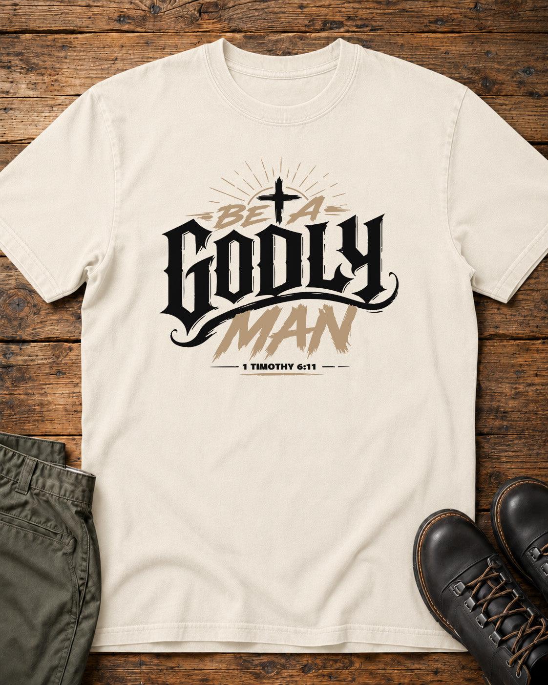 Be a Godly Man Christian T-Shirt – 1 Timothy 6:11 Men's Faith Tee