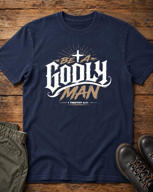 Be a Godly Man Christian T-Shirt – 1 Timothy 6:11 Men's Faith Tee