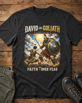 David and Goliath Faith Over Fear Christian T-Shirt | 1 Samuel 17:45 Bible Graphic Tee | Christian Warrior Apparel