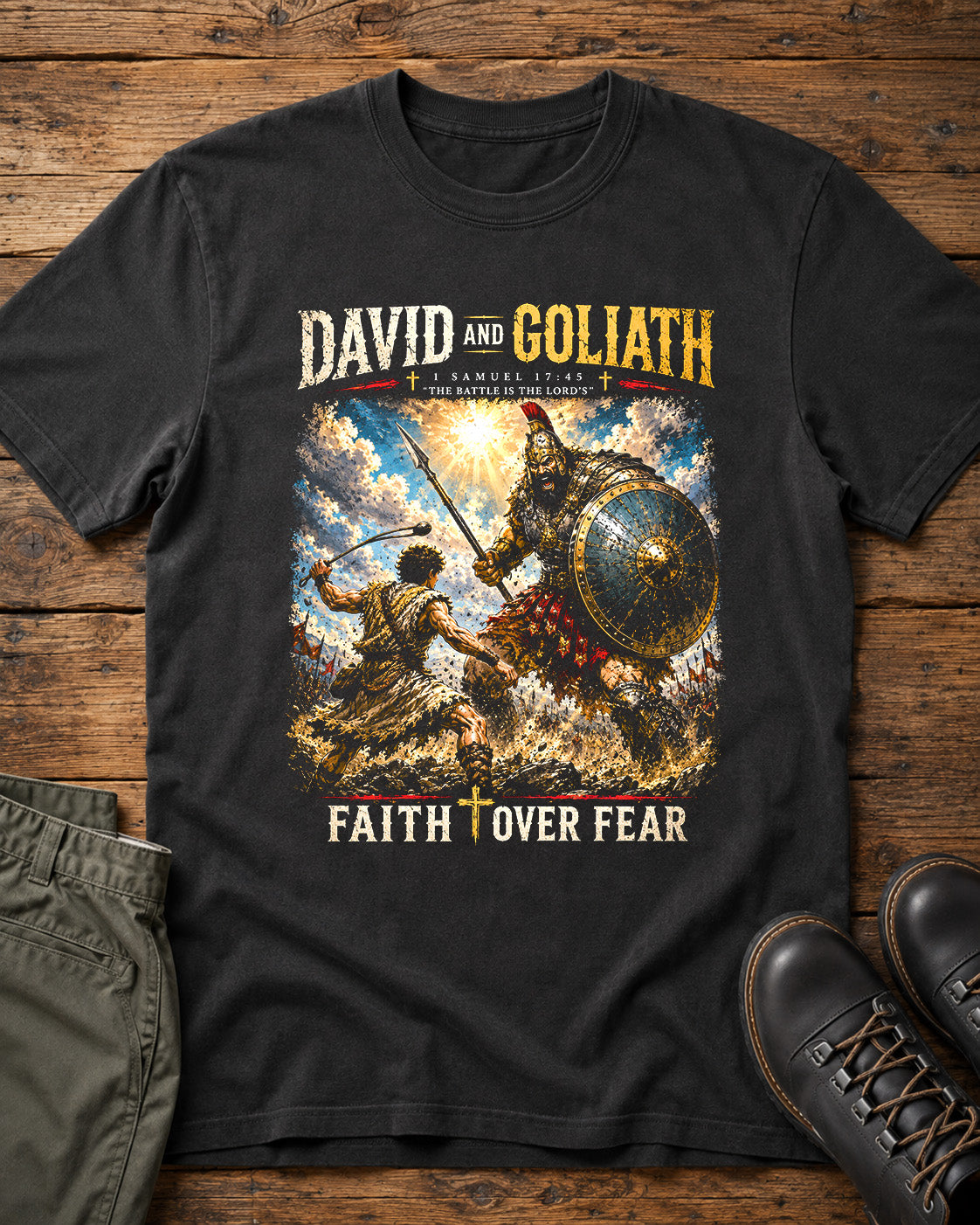 David and Goliath Faith Over Fear Christian T-Shirt | 1 Samuel 17:45 Bible Graphic Tee | Christian Warrior Apparel