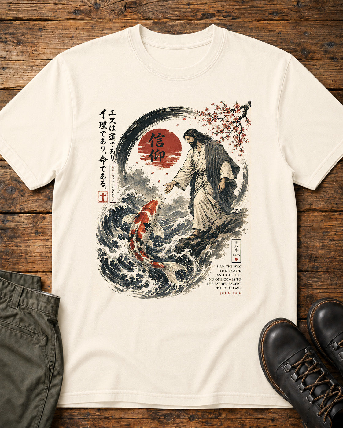Jesus and the Koi Fish Christian T-Shirt | John 14:6 Faith Graphic Tee | Japanese-Inspired Christian Apparel