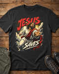 Jesus Saves Comic Book Style Christian T-Shirt | Vintage Superhero Faith Graphic Tee | Christian Streetwear