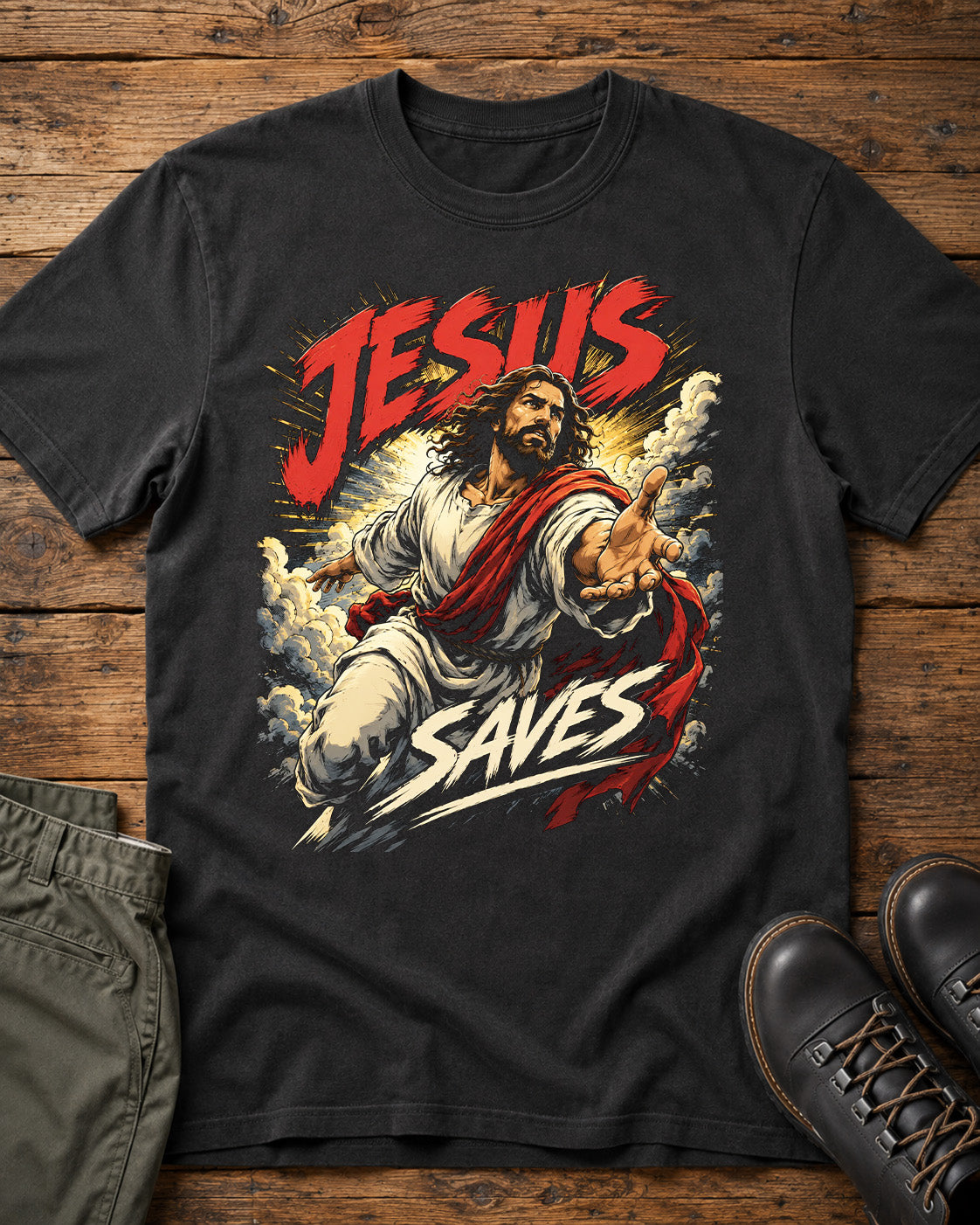 Jesus Saves Comic Book Style Christian T-Shirt | Vintage Superhero Faith Graphic Tee | Christian Streetwear