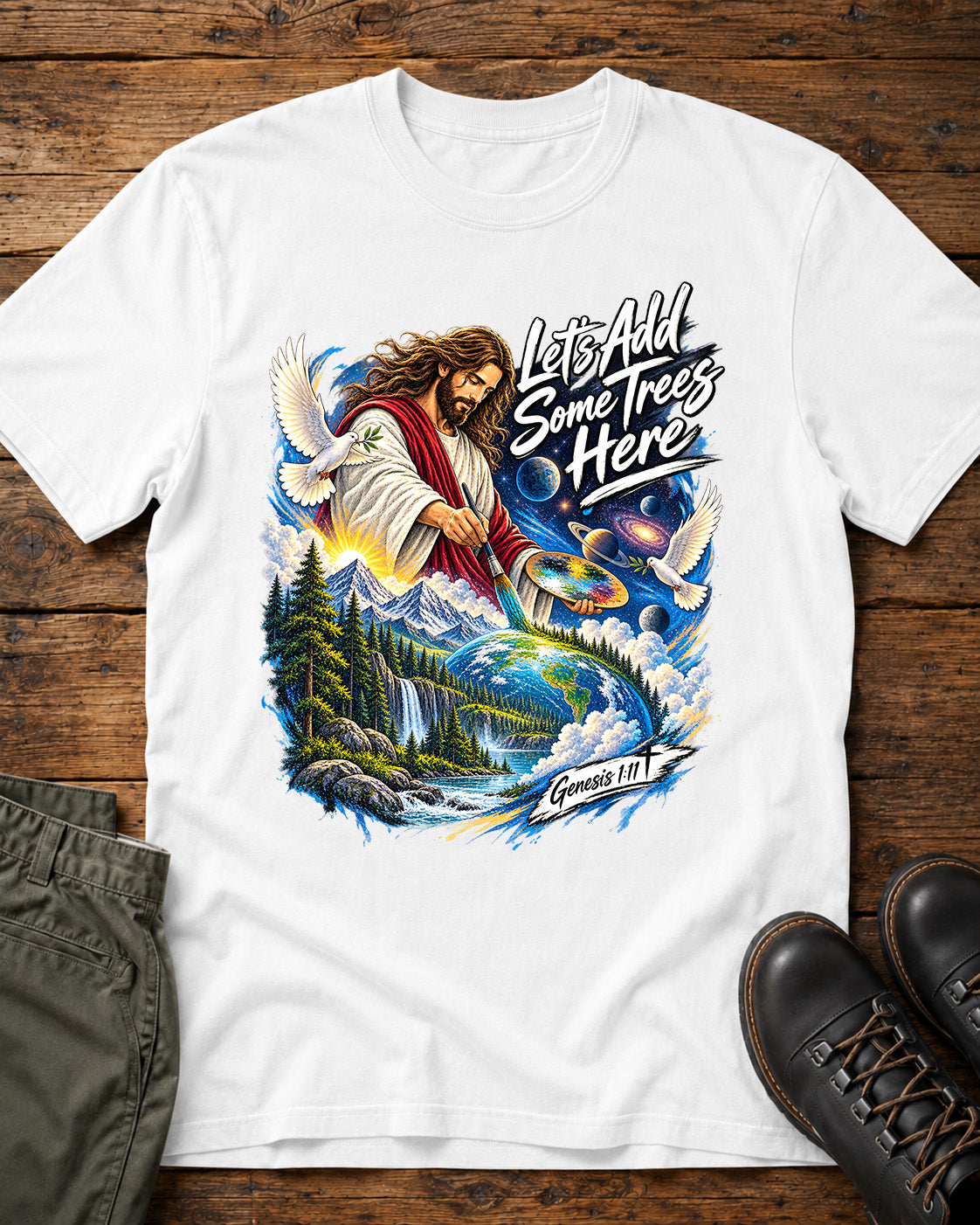 Jesus Painting Nature "Let's Add Some Trees Here" T‑Shirt with Doves
