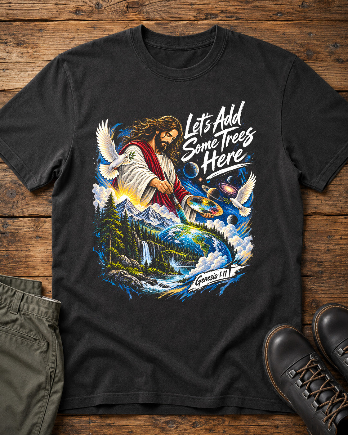 Jesus Painting Nature "Let's Add Some Trees Here" T‑Shirt with Doves