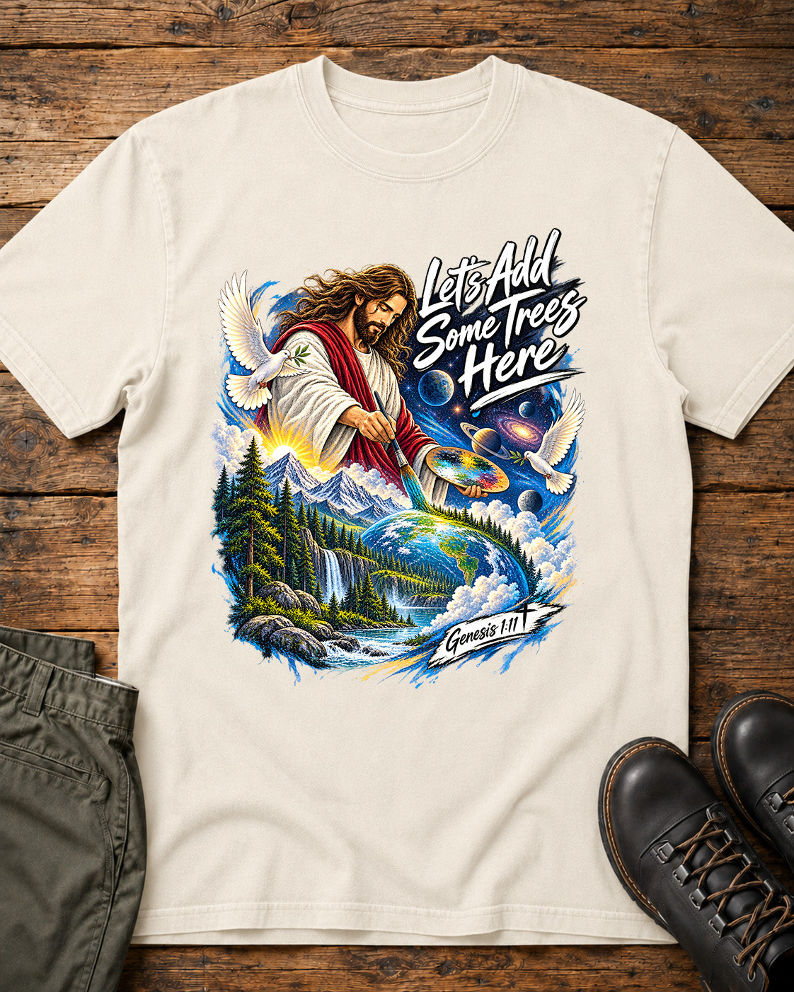 Jesus Painting Nature "Let's Add Some Trees Here" T‑Shirt with Doves