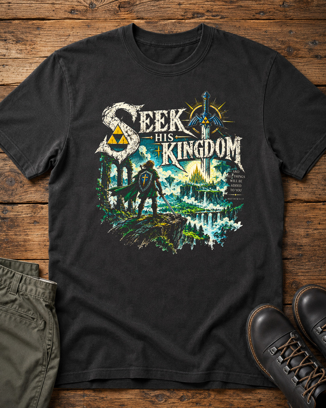 Seek His Kingdom Christian T-Shirt – Matthew 6:33 Fantasy Faith Graphic Tee