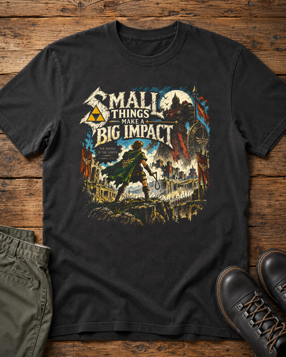 Small Things Make a Big Impact Christian T-Shirt – 1 Samuel 17:47 Faith Adventure Tee