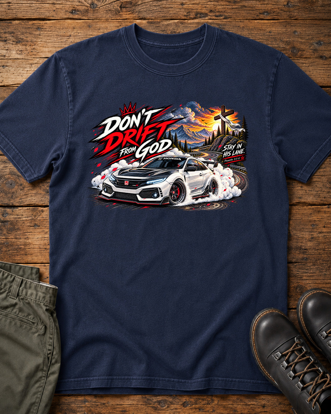 Don't Drift From God Honda Christian car shirt in navy