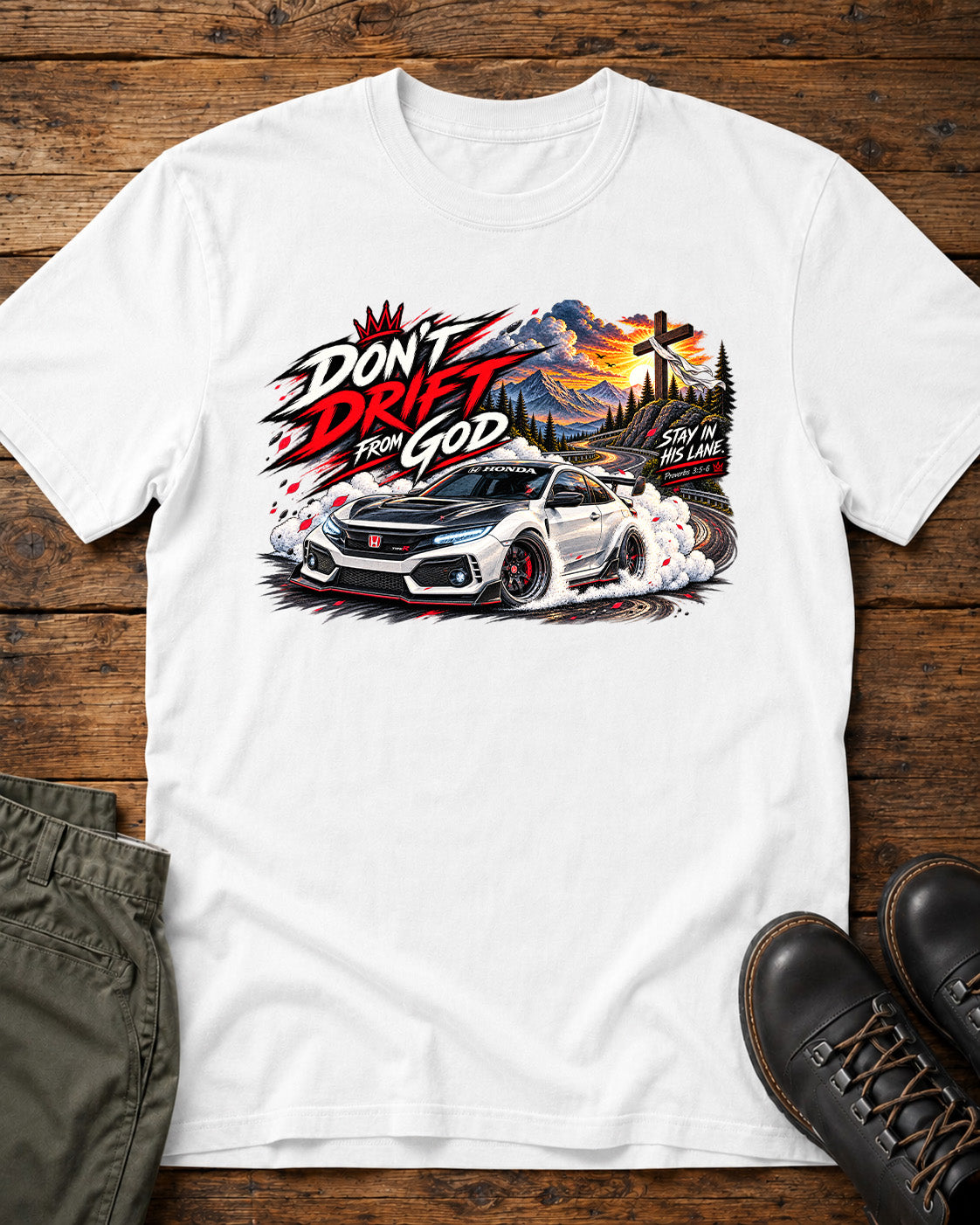 Don't Drift From God Honda Christian car shirt in white
