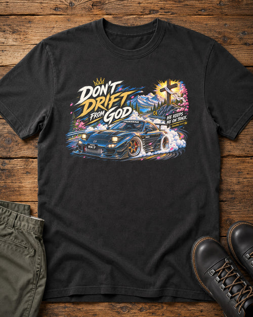 Don't Drift From God Mazda RX-7 Christian car shirt in black with JDM drift graphic