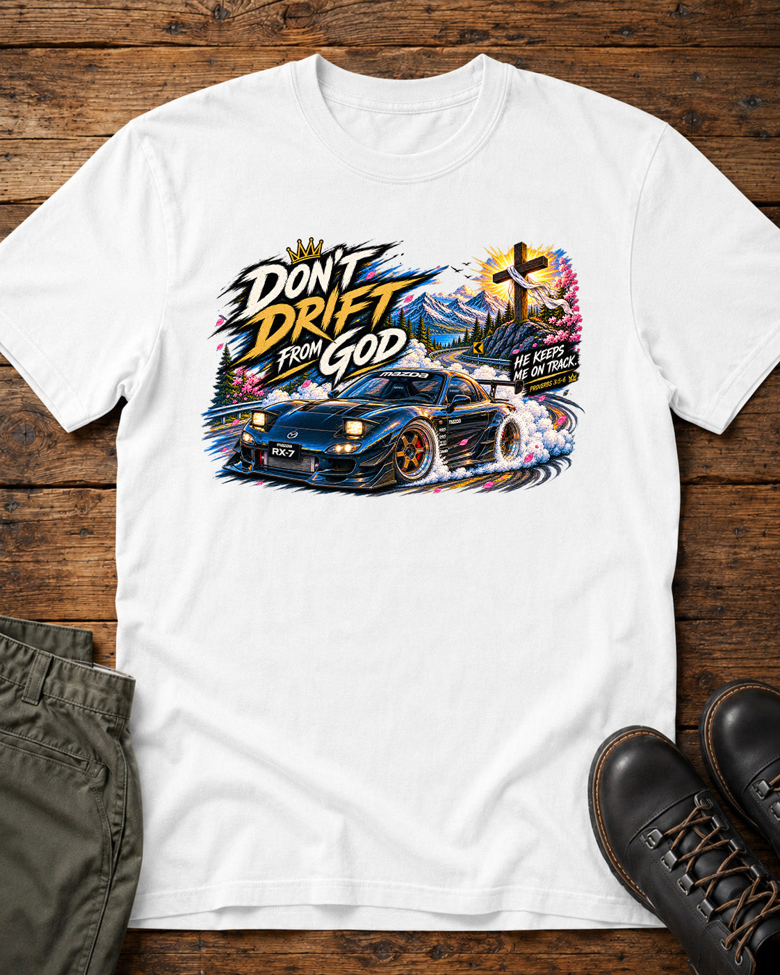 Don't Drift From God Mazda RX-7 Christian car shirt in white with JDM drift graphic