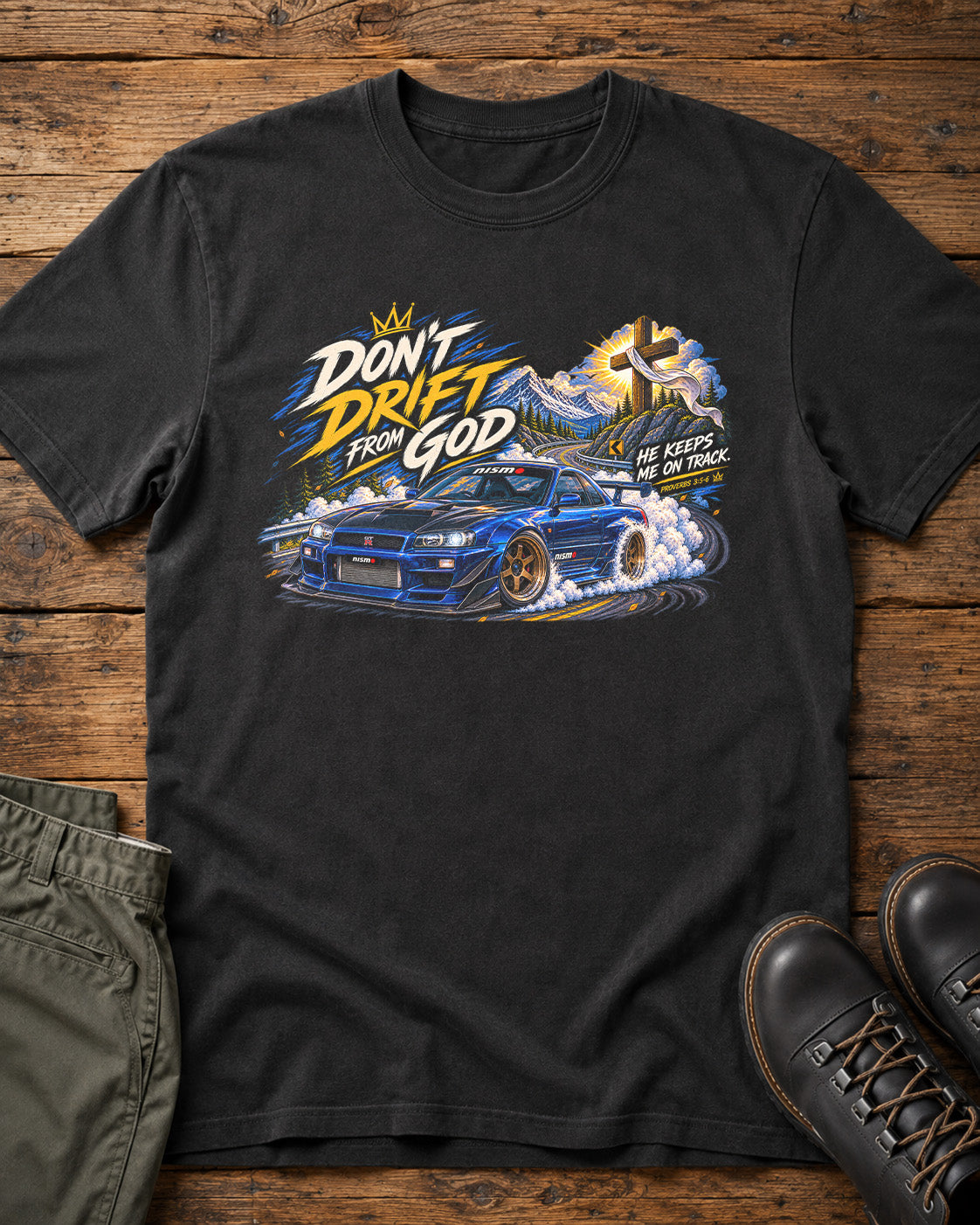 Don't Drift From God Nissan Skyline GT-R Christian car shirt in black with JDM drift graphic