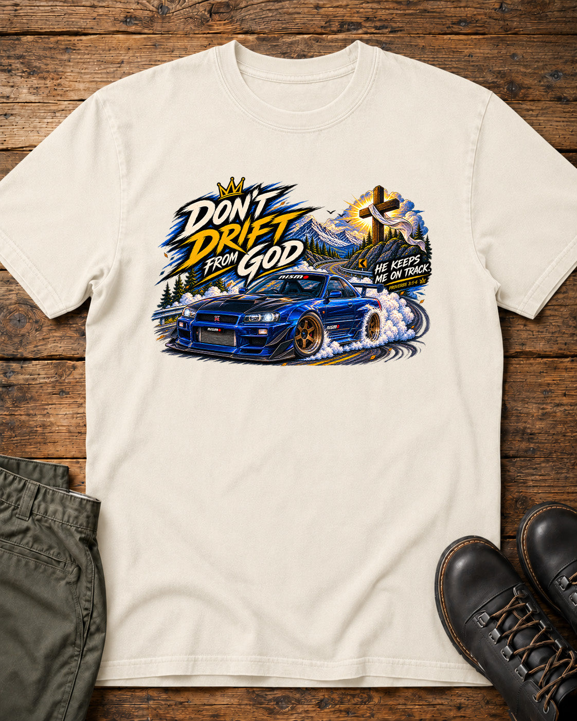 Don't Drift From God Nissan Skyline GT-R Christian car shirt in ivory with JDM drift graphic