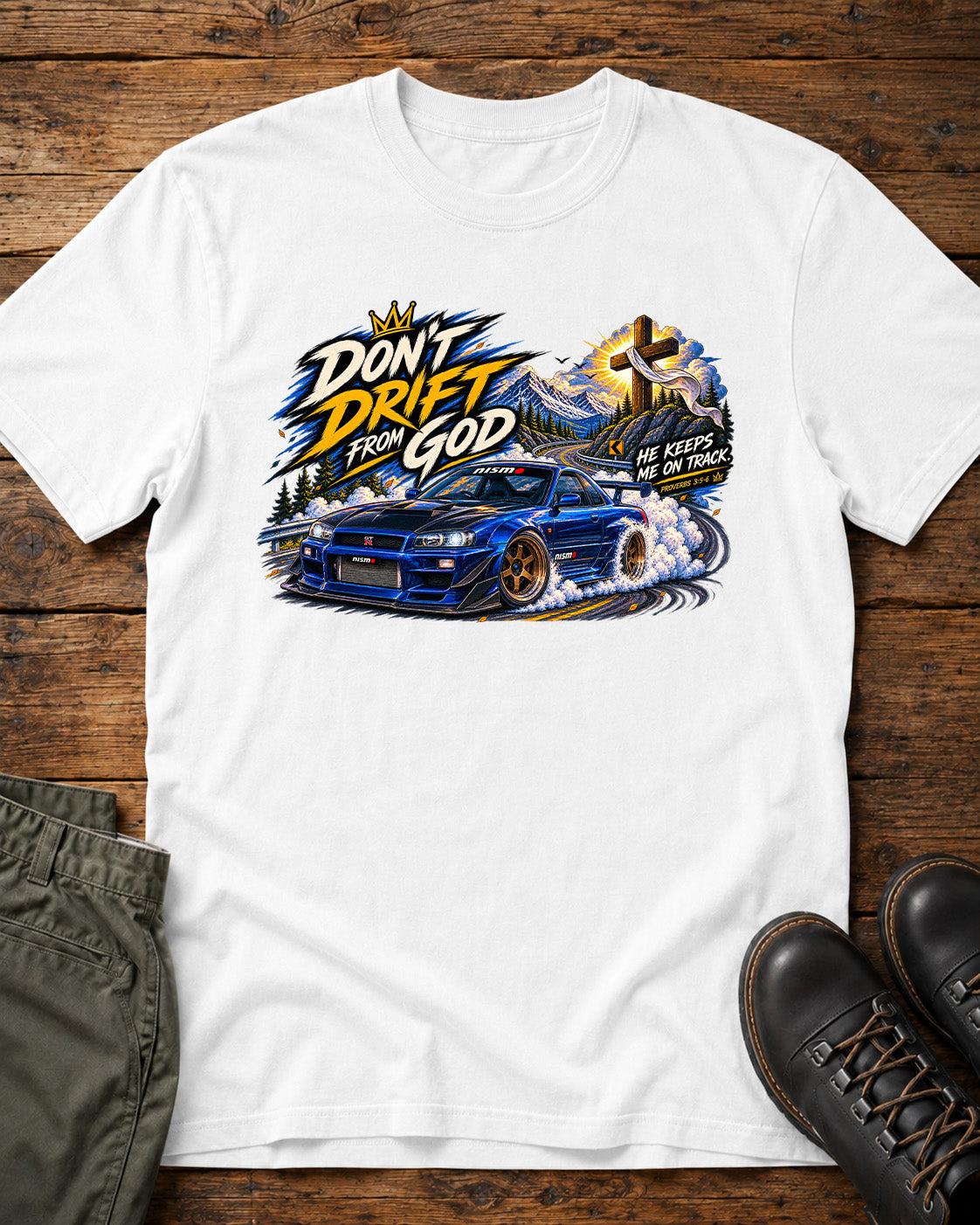 Don't Drift From God Nissan Skyline GT-R Christian car shirt in white with JDM drift graphic