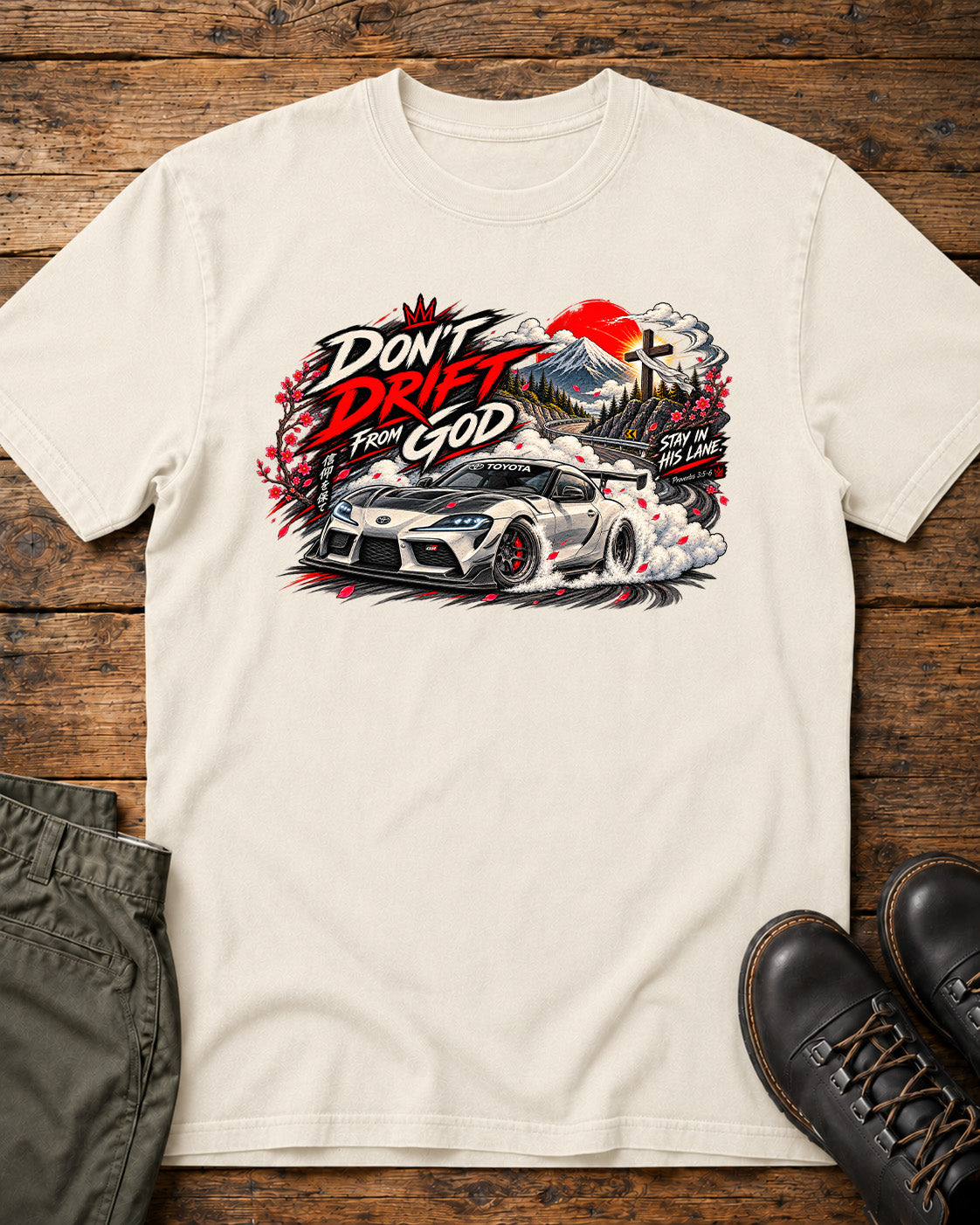Don't Drift From God Toyota Supra Christian car shirt in ivory with JDM drift graphic