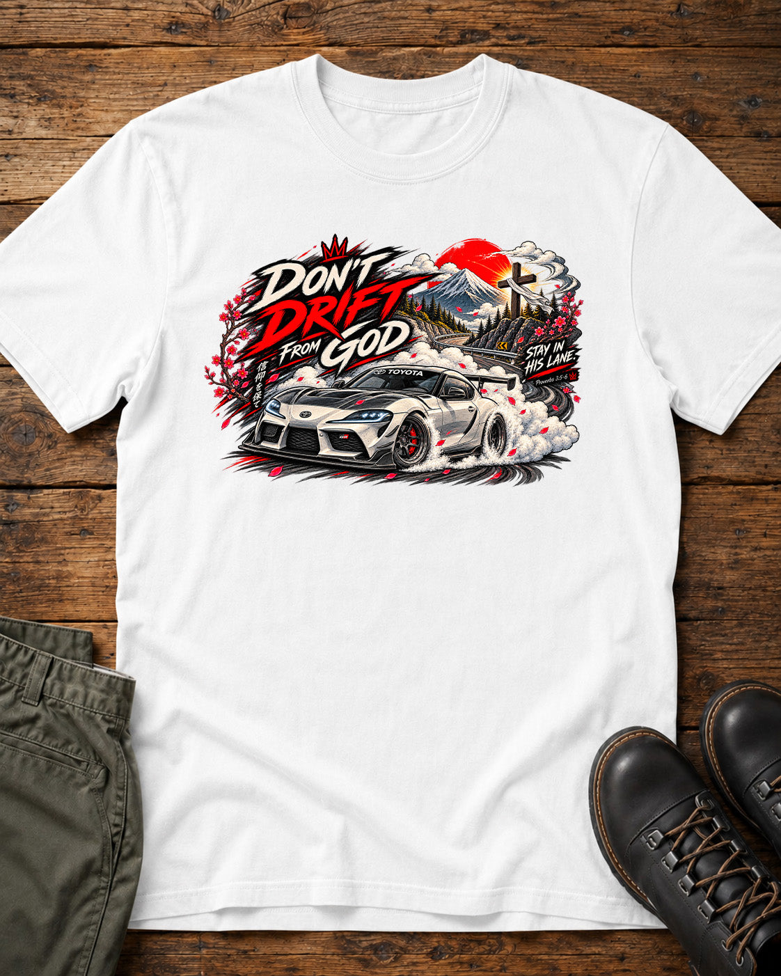 Don't Drift From God Toyota Supra Christian car shirt in white with JDM drift graphic