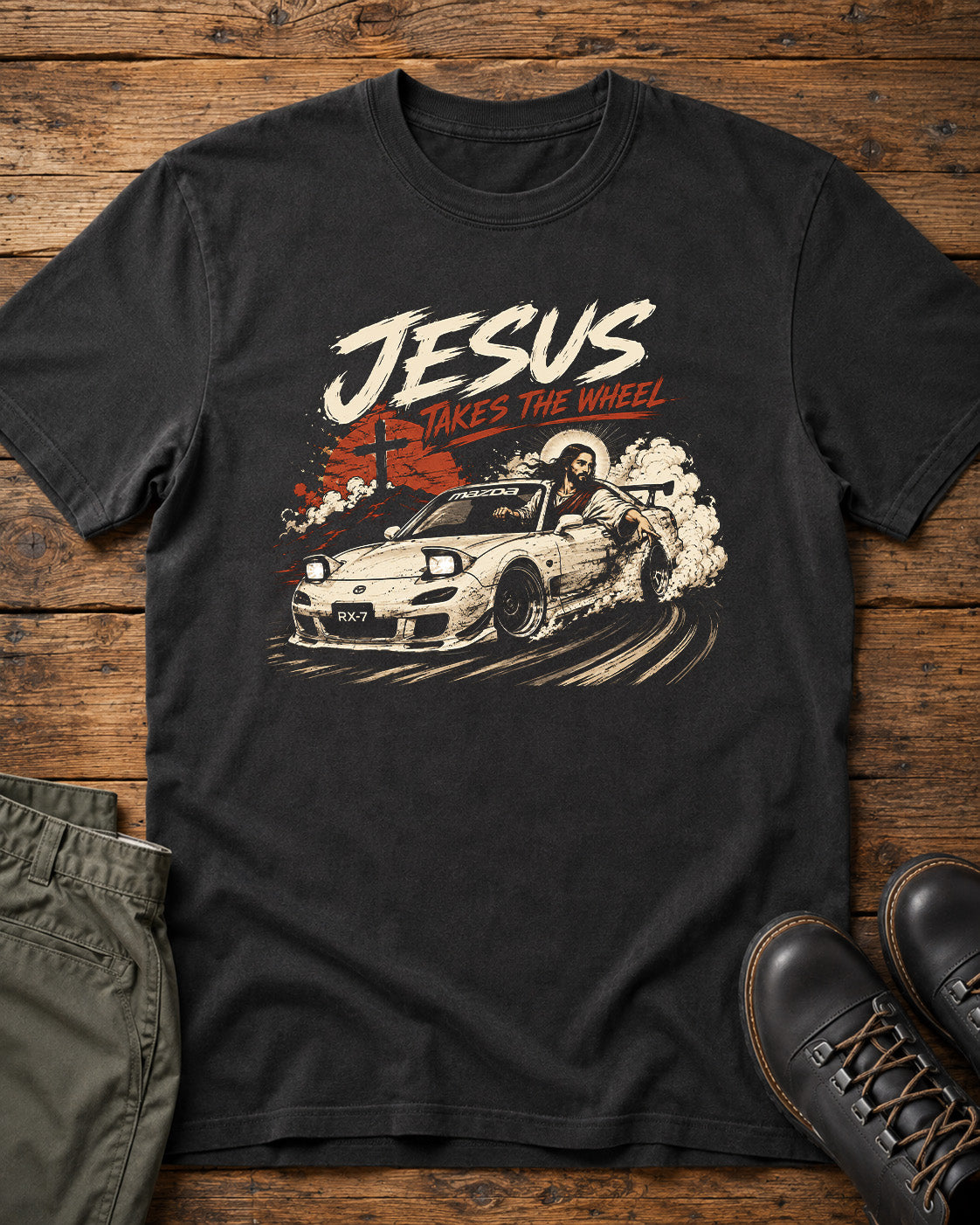 Jesus Takes the Wheel Christian car graphic tee on black Comfort Colors shirt