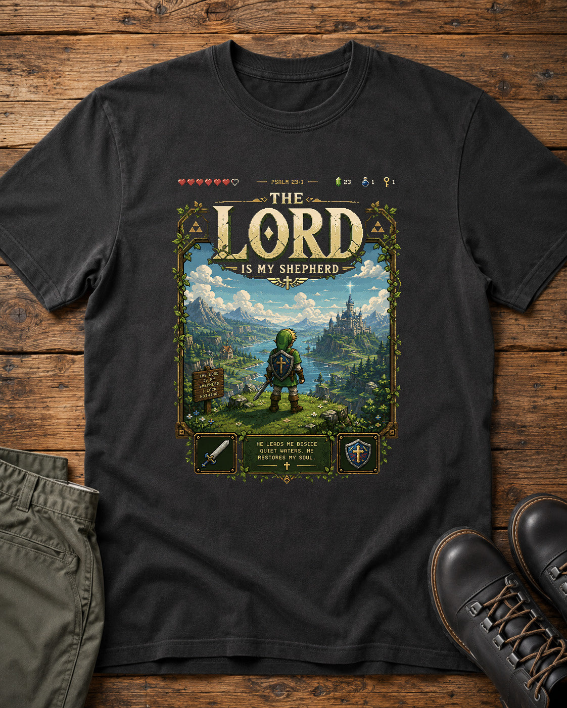 The Lord Is My Shepherd Psalm 23 Christian gamer graphic tee with retro adventure game artwork
